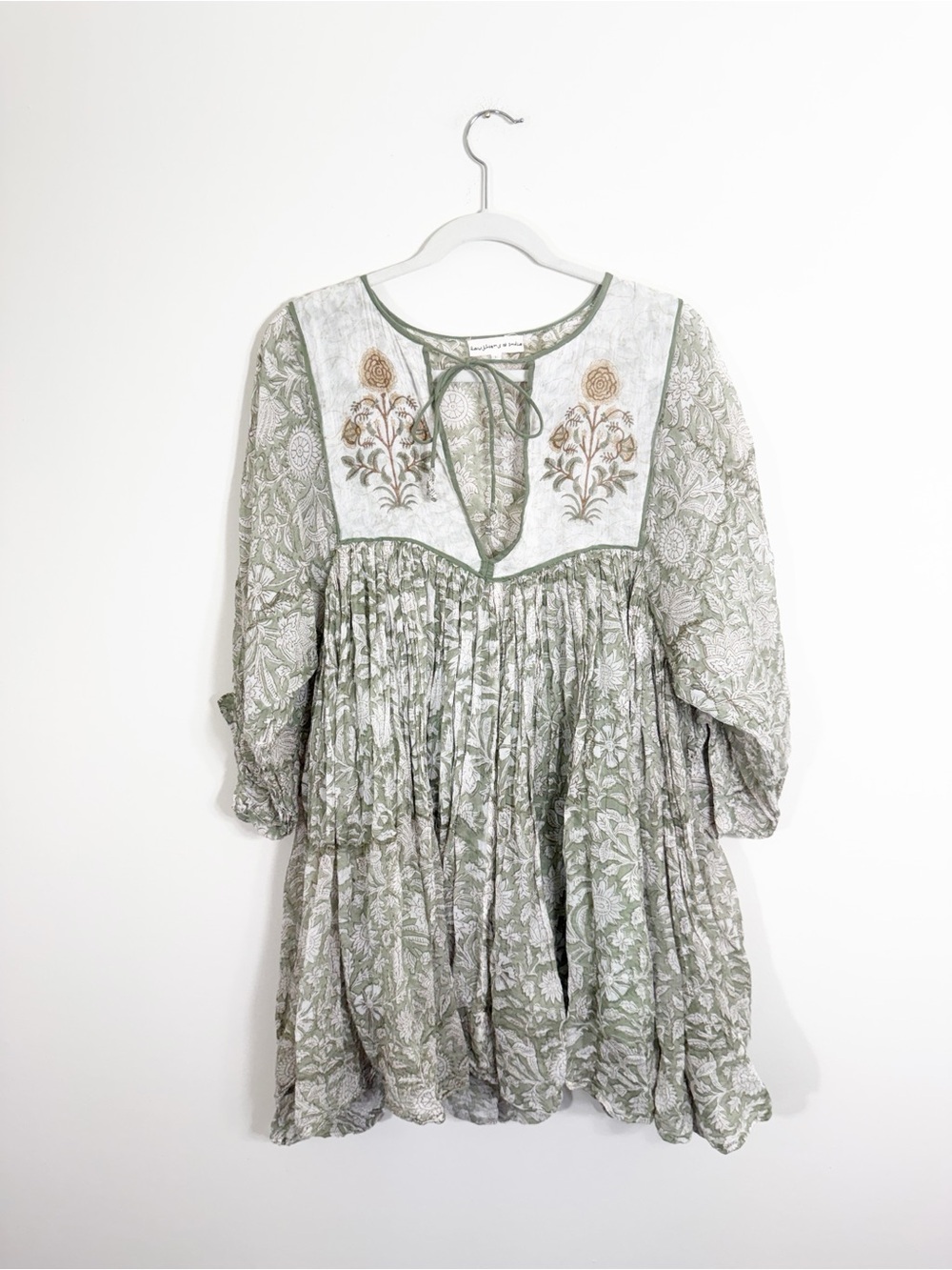 Daughters of India Sage Green and Cream Floral Mini Dress